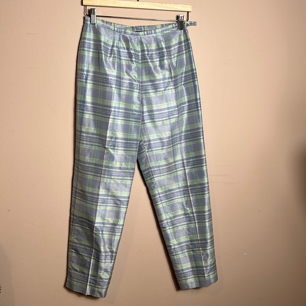 Vintage Harris/ Wallace 100% silk plaid high waist pants size 6P lilac green